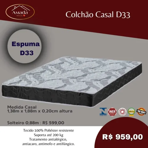 Colchão Casal D33 Espuma 1,38m x 1,88m - Conforto Garantido - à pronta entrega 