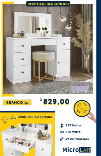 Penteadeira Camarim com LED Espelho Grande - Monta na Hora