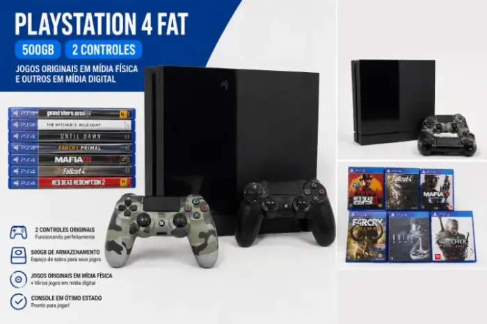 PlayStation 4 Fat 500GB + 2 Controles Originais + Jogos Físicos e Digitais