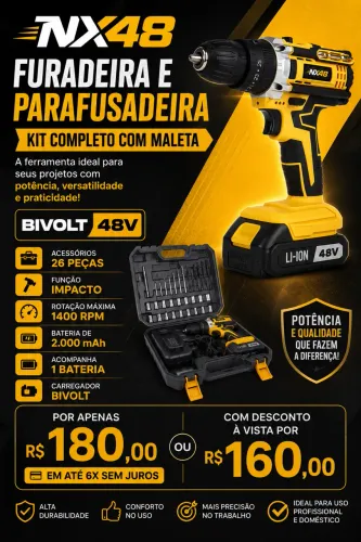 Furadeira e parafusadeira kit completo com maleta bateria 48 V em promoção