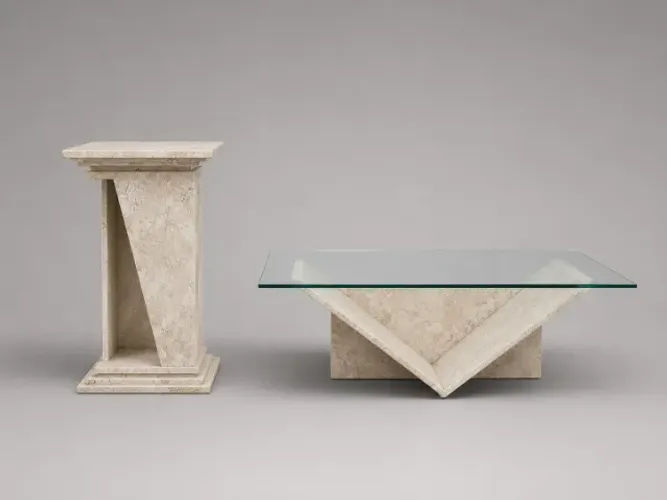 Mesa de Centro + Mesa Lateral em Mármore Travertino com Vidro Temperado