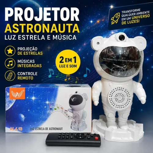 Projetor Astronauta LED Galaxy Bluetooth com Controle Remoto e Caixa de Som