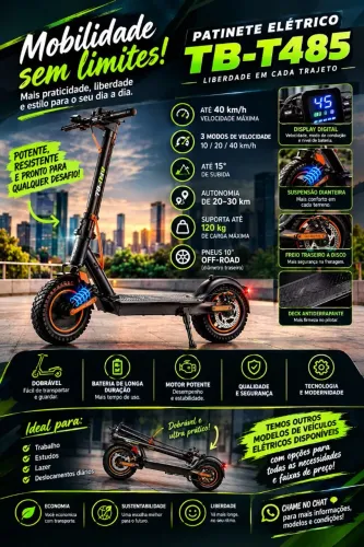 Patinete Elétrico TB-T485 - Dobrável, Pneus Off-Road e Display Digital