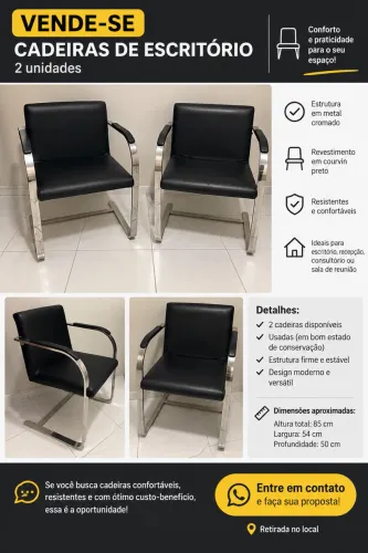 2 Cadeiras de Escritório Pretas com Braço | Cromadas | Confortáveis