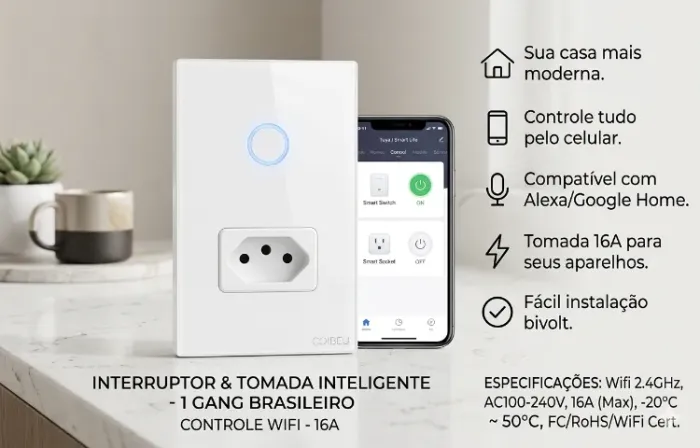 Interruptor Touch Wi-Fi + Tomada Inteligente 16A - Coibeu (Novo)