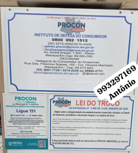 R$150,00 Placa PROCON braile+placa lei do troco+placa PROCON MANAUS 