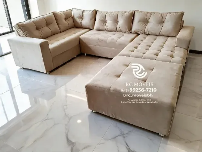 Sofá de Canto 3,10m com Chaise e Puff Veludo Bege D33 Premium Durável