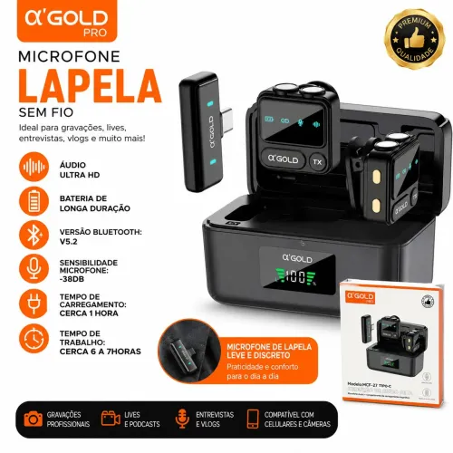 Microfone Lapela sem fio Tipo-c A'gold MCF-27 gravação de áudio profissional novo lacarado