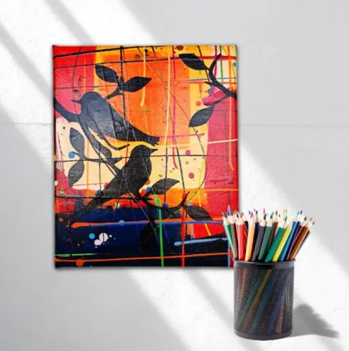 Lindo quadro Decorativo Pássaros negros em fundo abstrato