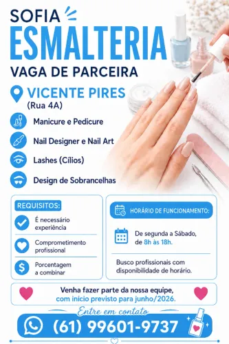 Vagas para Parceira - Manicure, Pedicure, Nail Design, Cuticulagem Russa, Cílios, Sobrance