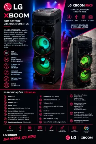 Caixa de Som LG XBOOM RNC9 2000W Bluetooth - 2 Woofers 8? + Karaokê