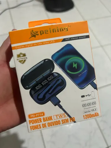Fone sem Fio Bluetooth 5.3 Peining PEI-P714 - Som HiFi + Power Bank de Emergência
