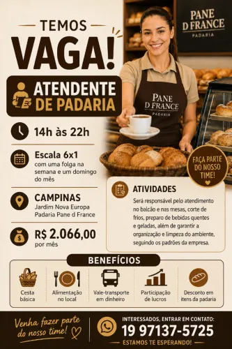 Campinas - Atentende de Padaria (14h ás 22h)