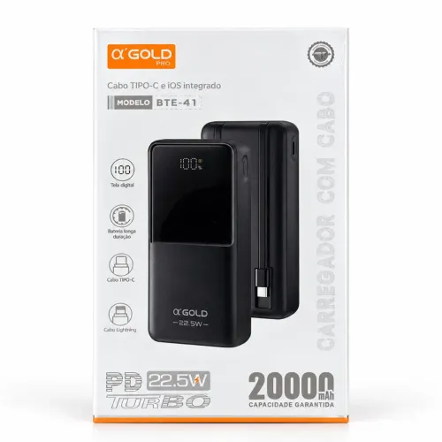 Carregador Portátil ?GOLD PRO 20.000mAh Turbo 22,5W com Cabos Integrados