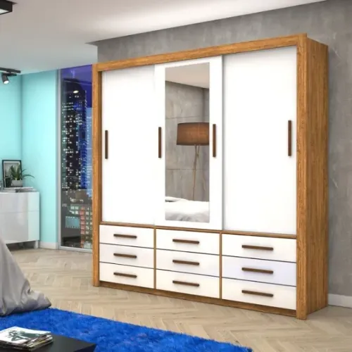 Guarda Roupa Anjos 3Pts 9Gvs com Espelho Cinamomo/Branco Carioca - Entrega Rápida!