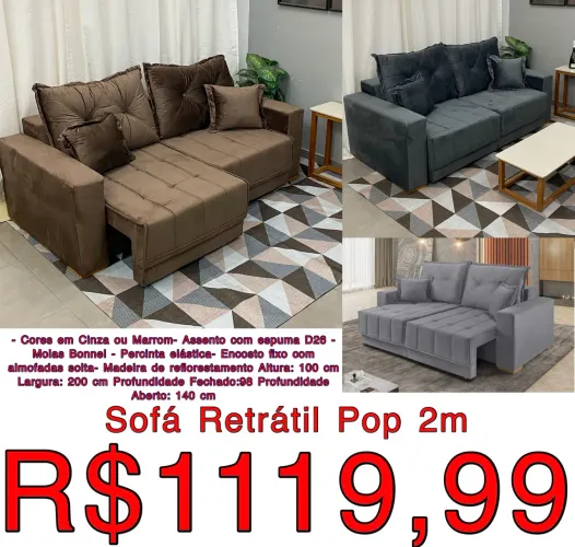 Sofá Retrátil Veludo 2m molas ensacadas / 2 cores disponíveis / frete grátis