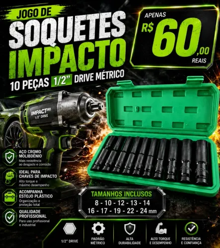 10 SOQUETES DE IMPACTO LONGOS 8 AO 32 MM
