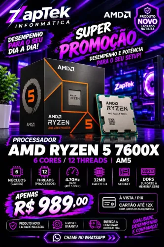 Processador AMD Ryzen 5 7600X Novo, lacrado e na caixa