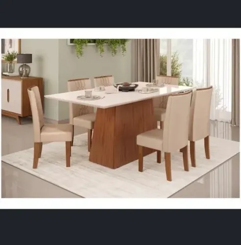 Mesa de Jantar de Vidro com Base em Madeira - Cor Bege - 6 Lugares