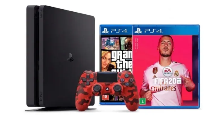 PS4 Slim + Controle Camuflado + GTA V e FIFA 20 (Impecável)