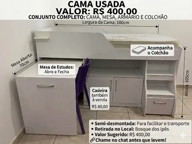 Cama com guarda-roupa e mesa embutidos