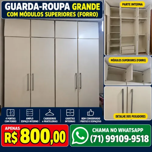 Guarda-Roupa Grande 4 Portas com Módulos Superiores e Gavetas