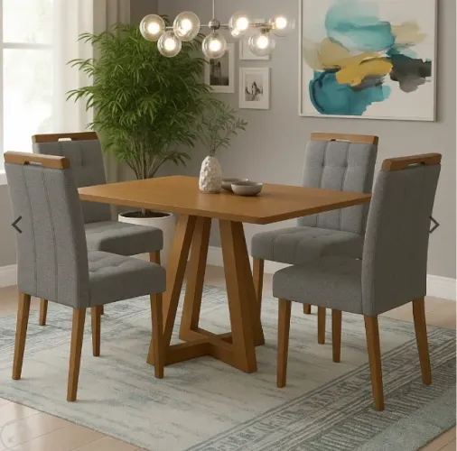 Mesa Alva ME02 4 Lugares 120 cm Canela com Cadeiras Sophia Linho Cinza | Kappesberg + WM D