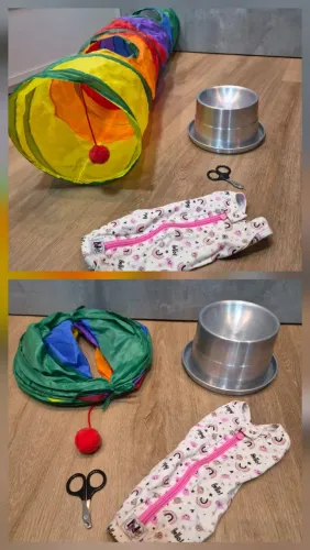 Kit para pet (toca, comedouro inox, tesoura de unha, roupa para uso pós castração)