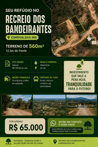 Terreno 560 m² | 12,5 m de frente | Esmeraldas/MG | Água e Energia | R$ 65.000