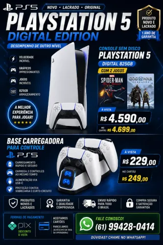 ? PlayStation 5 Digital 825GB + Base Carregadora | Produtos Novos