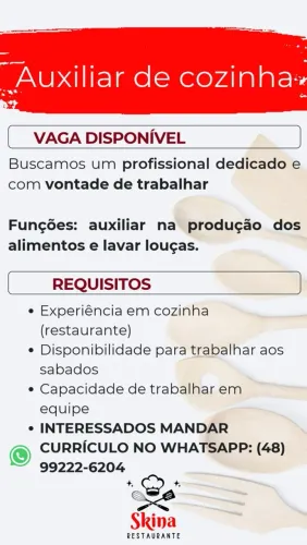 Vaga para auxiliar de cozinha em São José sc