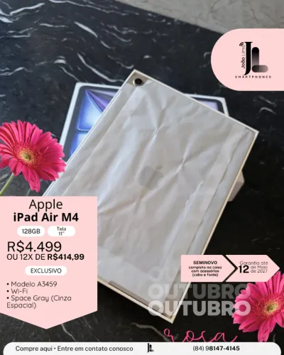 IPAD AIR M4, 128GB, TELA 11 POL., SEMINOVO NA GARANTIA, EXCLUSIVO!