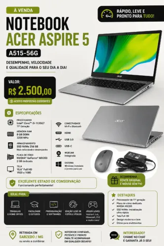 Notebook Acer Aspire 5 i5 11ª Geração | 8GB | SSD 256GB | NVIDIA MX350 | Full HD
