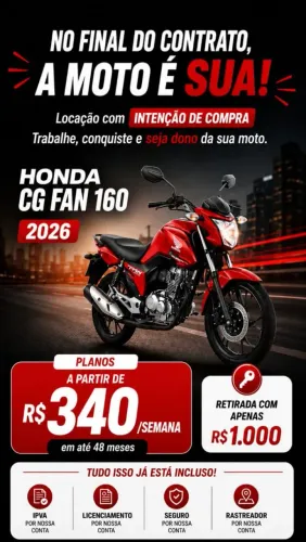 Honda CG Fan 2026, apenas 8 mil km. Aluguel com promessa de compra.