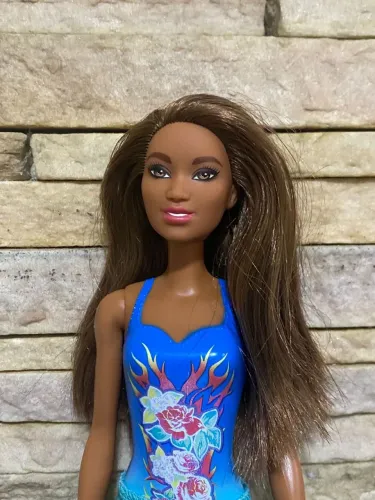 Barbie Beach Fashion Doll, 2021  Brunette Blue Floral & Flame Swimsuit New!