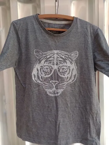 Camiseta Masculina com Tigre de Óculos - Cinza