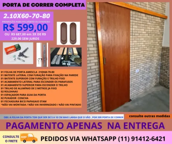 Porta De Correr 2.10X80  modelo PI6 completa ferragens e trilho de 2mt - frete a/c