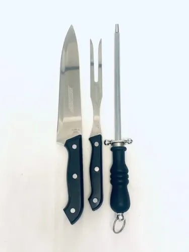 Conjunto para Churrasco Faca + Garfo + Chaira 20 cm Estriada (afiador de faca)