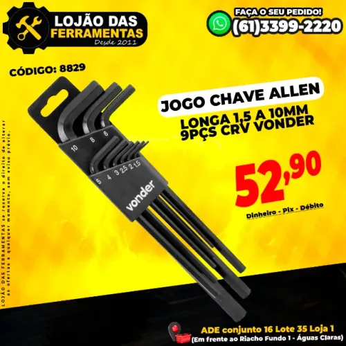 Jogo Chave Allen Longa 1,5 a 10mm 9Pçs Crv Vonder