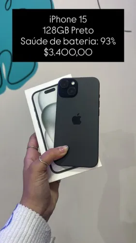 Iphone 15 / Preto / 128GB / Saúde de bateria: 93% / loja física / $3.400,00