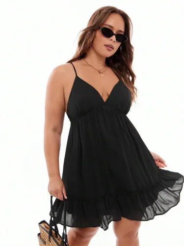 SHEIN EZwear Vestido Feminino alça de espaguete com Babado Barra tamanho Plus 