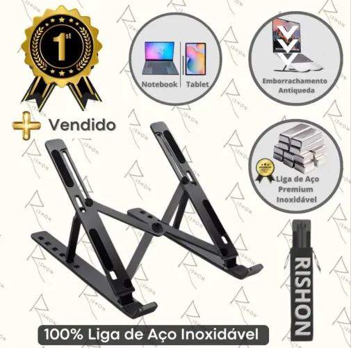 Suporte Em Aluminio Note Apoio Notebook Laptop Computador Mesa Universal Rishon Cor Preto