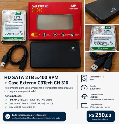 HD Externo 2TB SATA + Case C3Tech USB 3.0