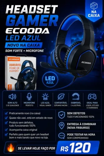 Headset Gamer ECOODA LED Azul | Estado de Novo | Na Caixa