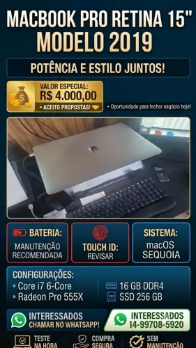 MacBook Pro 15" (2019) Intel Core i7 6-Core / 16GB RAM / 256GB SSD / Tela Retina