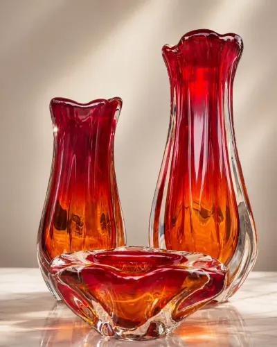 Jogo de Vasos Estilo Murano Vermelho e Âmbar