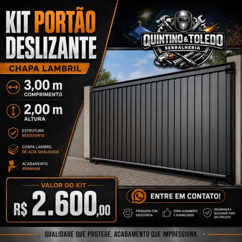 Kit Portão de Correr 3,00 x 2,00 m em Chapa Lambri