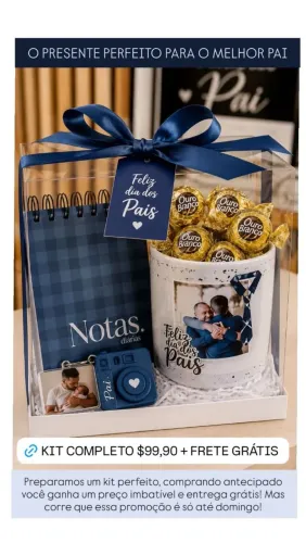 KIT PRESENTE DIA DOS PAIS PERSONALIZADO - CANECA + CHAVEIRO + CADERNO + CHOCOLATE. OFERTA