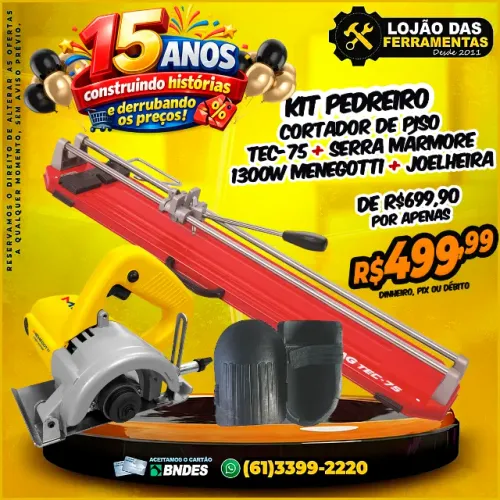 Kit Pedreiro Cortador de Piso TEC-75 + Serra Mármore 1300w + Joalheira Multiuso