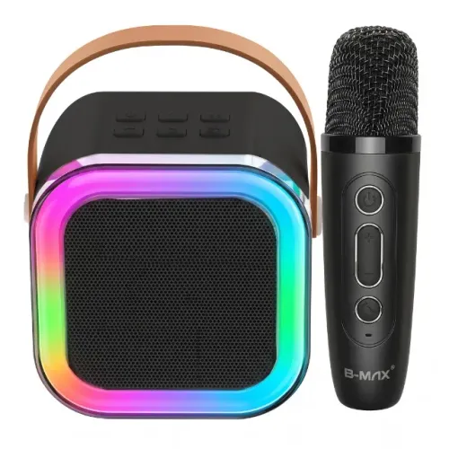 Caixa de Som Portátil Bluetooth com Karaokê, 1 Microfone Sem Fio, Luzes LED, 9x7x9cm, Pret